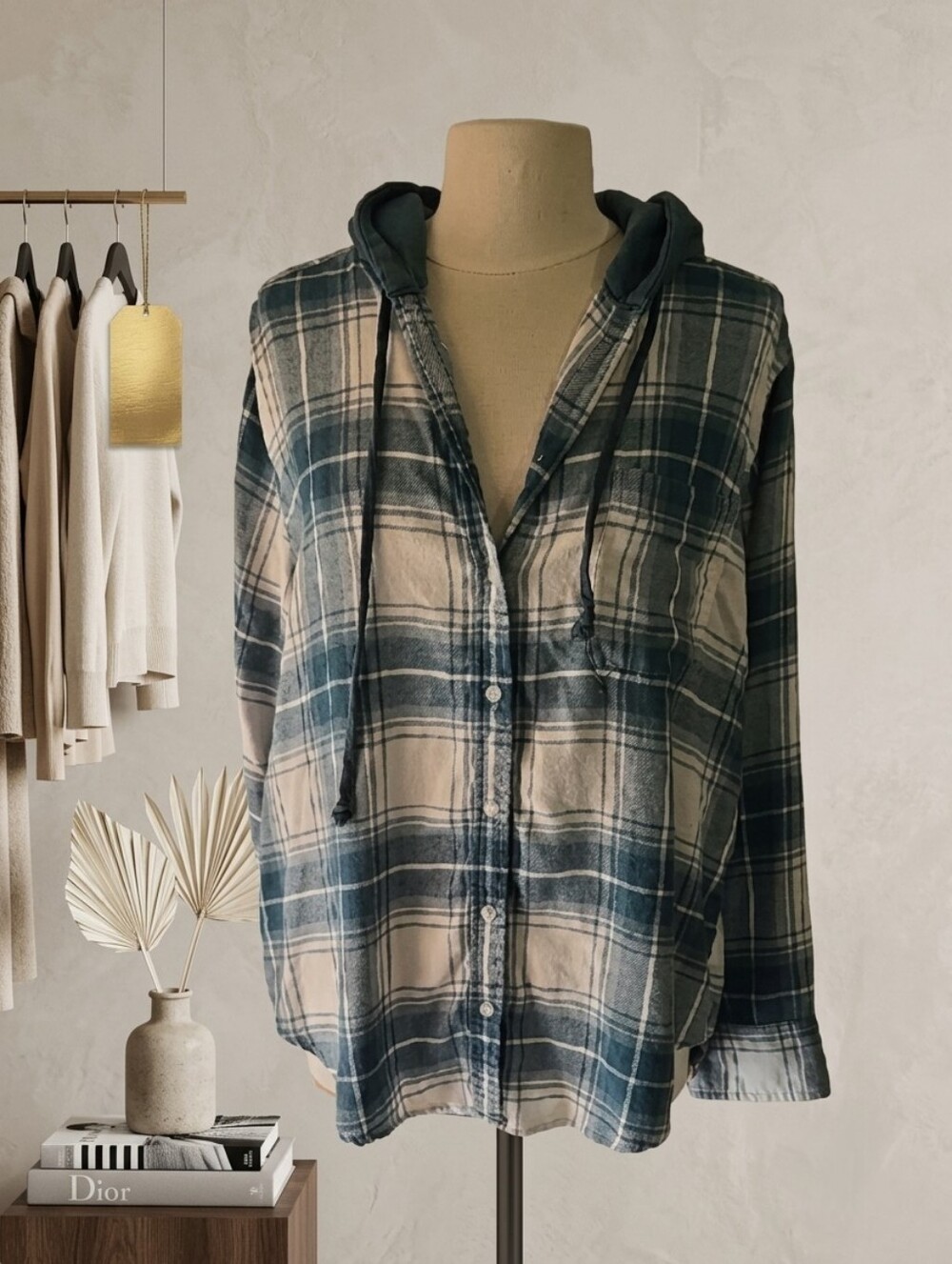 American Eagle Outfitters Plaid Hooded Oversized Button Down Flannel Women's L